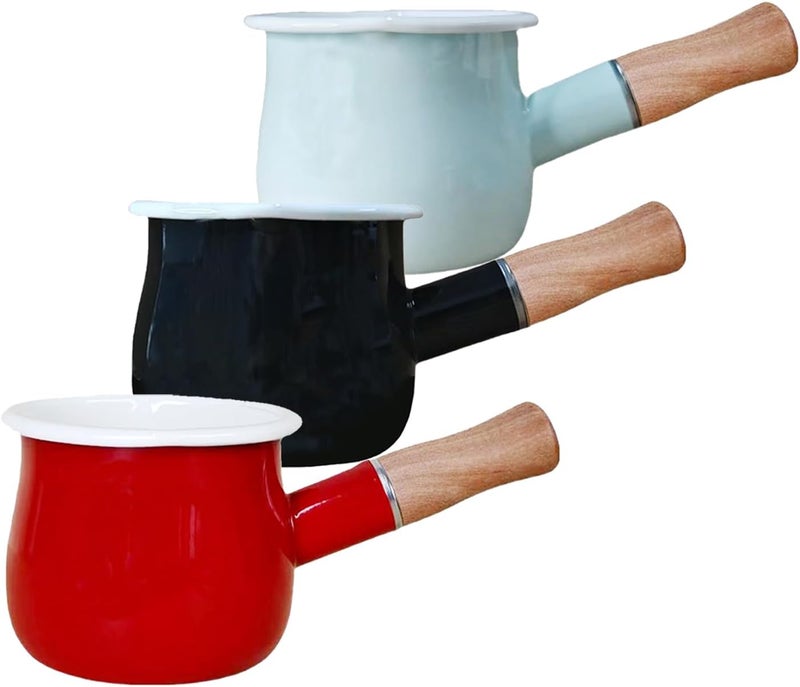 FARCADY 0.6qt Mini Enamel Milk Pot Insulated Wooden Handle 2 Pour Spouts Small Food Warmer Cute Saucepan (D015,BLACK) - Image 2